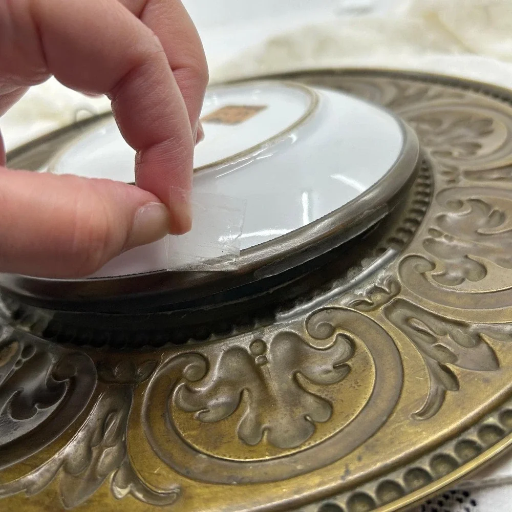 Antique Wall Plate Ornate Hand Painted Portrait Filigree Metal Circle Frame